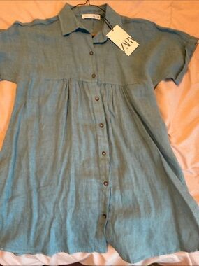 ZARA Teal Button-Front Linen Tunic Dress